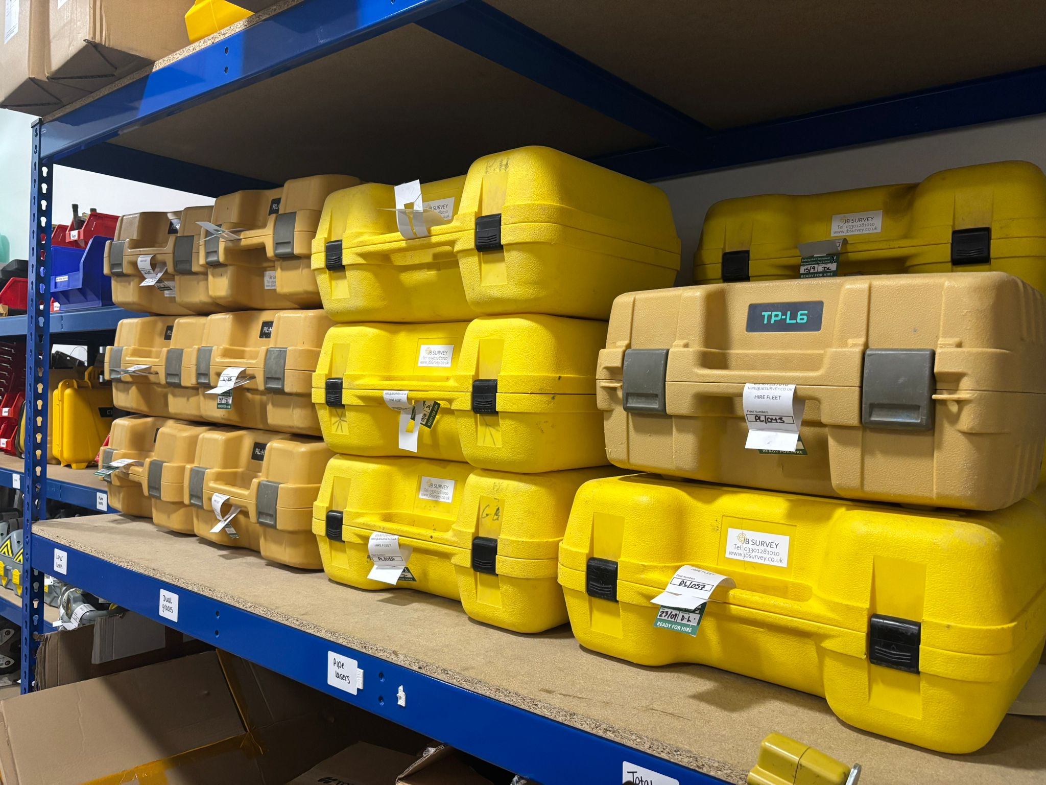 Topcon laser levels prepared for hire in JB Survey warehouse